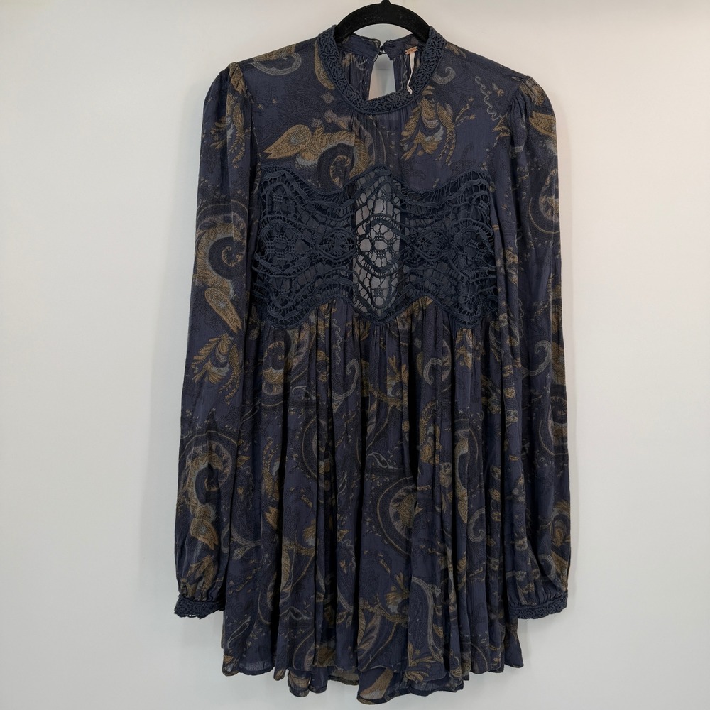 Free People Paisley Crochet Lace‎ High Neck Boho Mini Dress XS Whimsigoth Indie